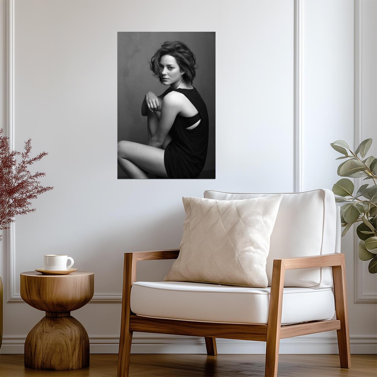 Marion Cotillard in Black Dress Poster | Black and White Seated Print - Celebrities Poster
