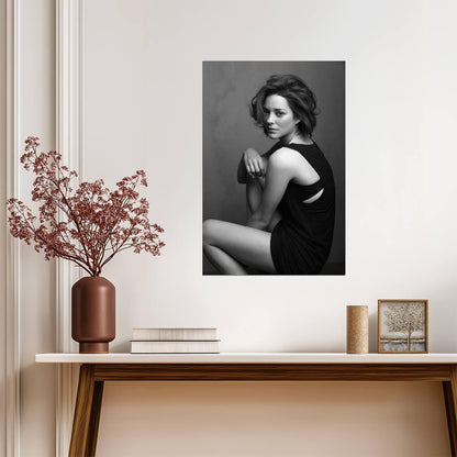 Marion Cotillard in Black Dress Poster | Black and White Seated Print - Celebrities Poster
