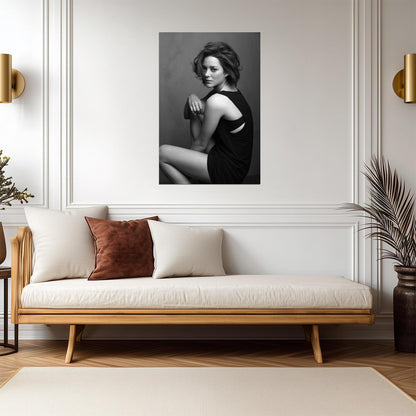 Marion Cotillard in Black Dress Poster | Black and White Seated Print - Celebrities Poster