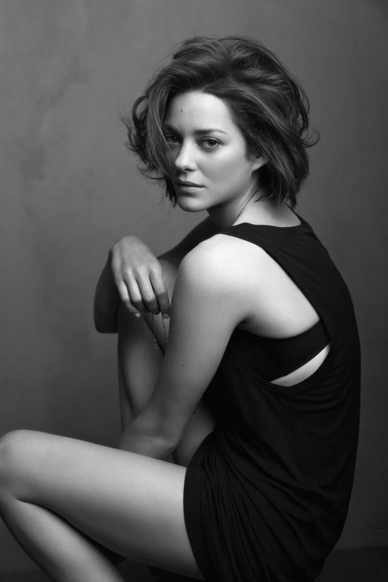 Marion Cotillard in Black Dress Poster | Black and White Seated Print - Celebrities Poster