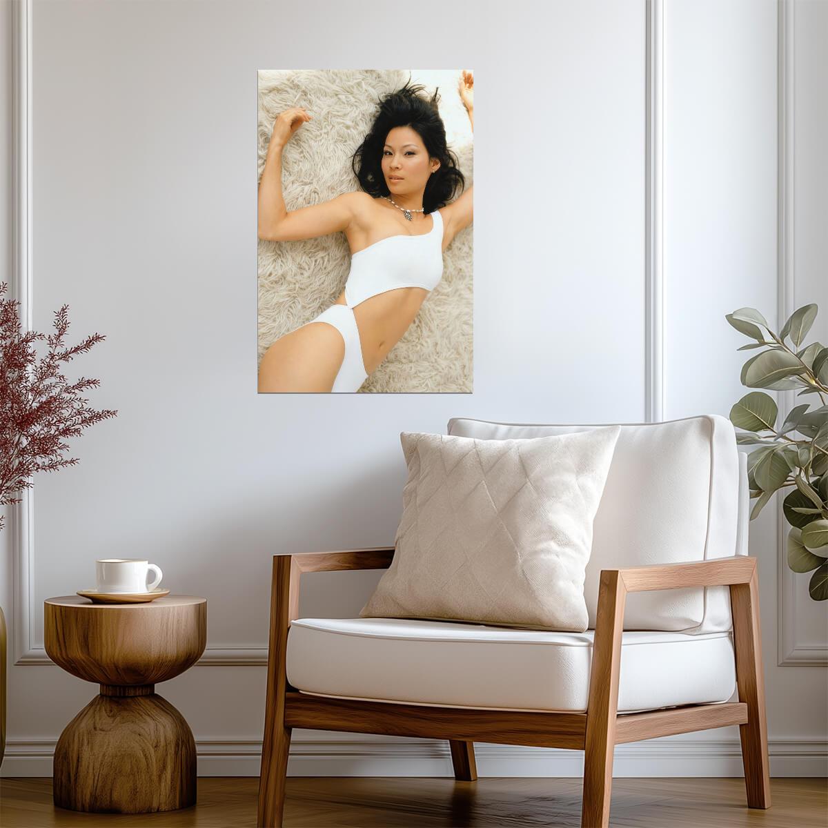 Lucy Liu in White Swimsuit Poster | Lying on Fur Wall Art Print - Celebrities Poster