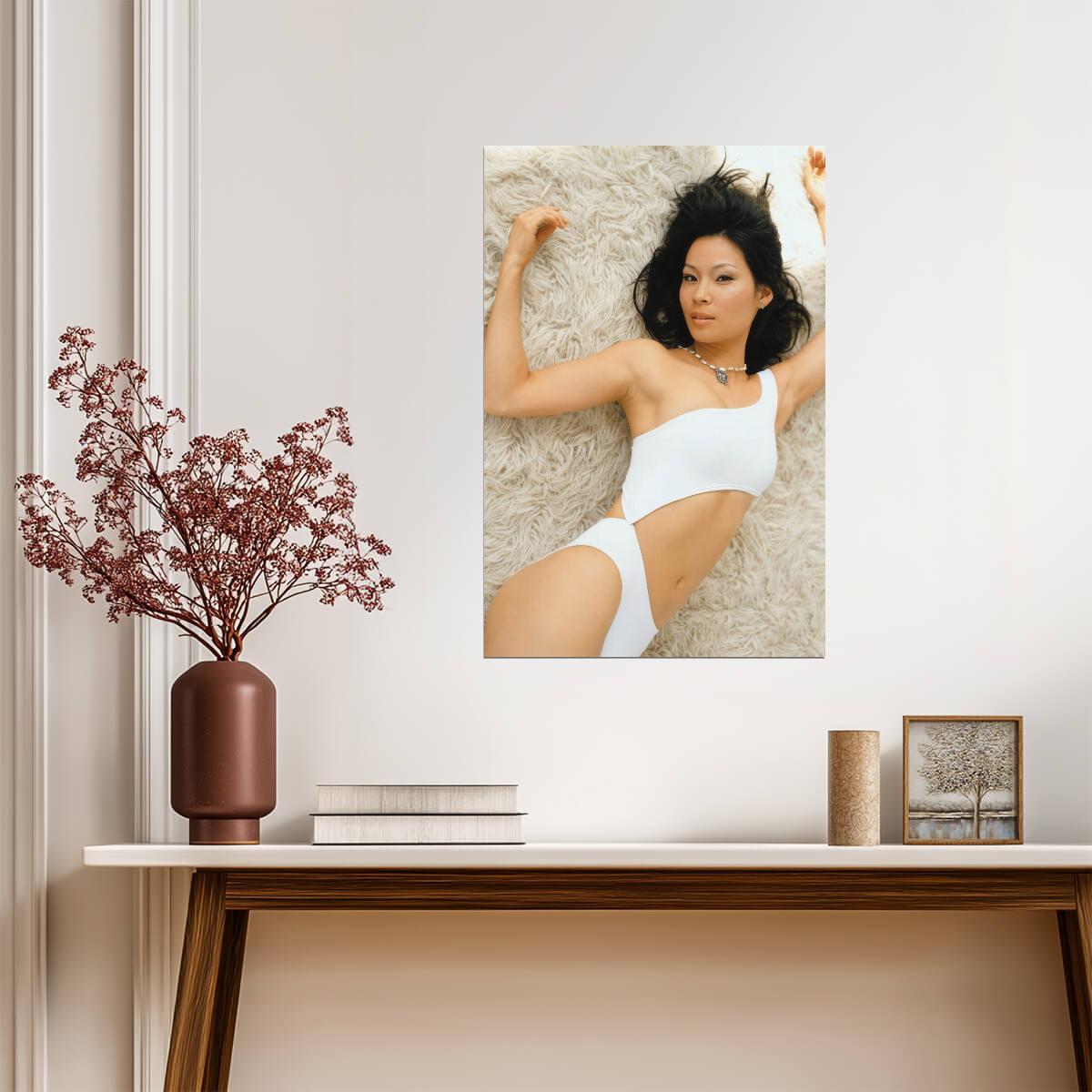 Lucy Liu in White Swimsuit Poster | Lying on Fur Wall Art Print - Celebrities Poster