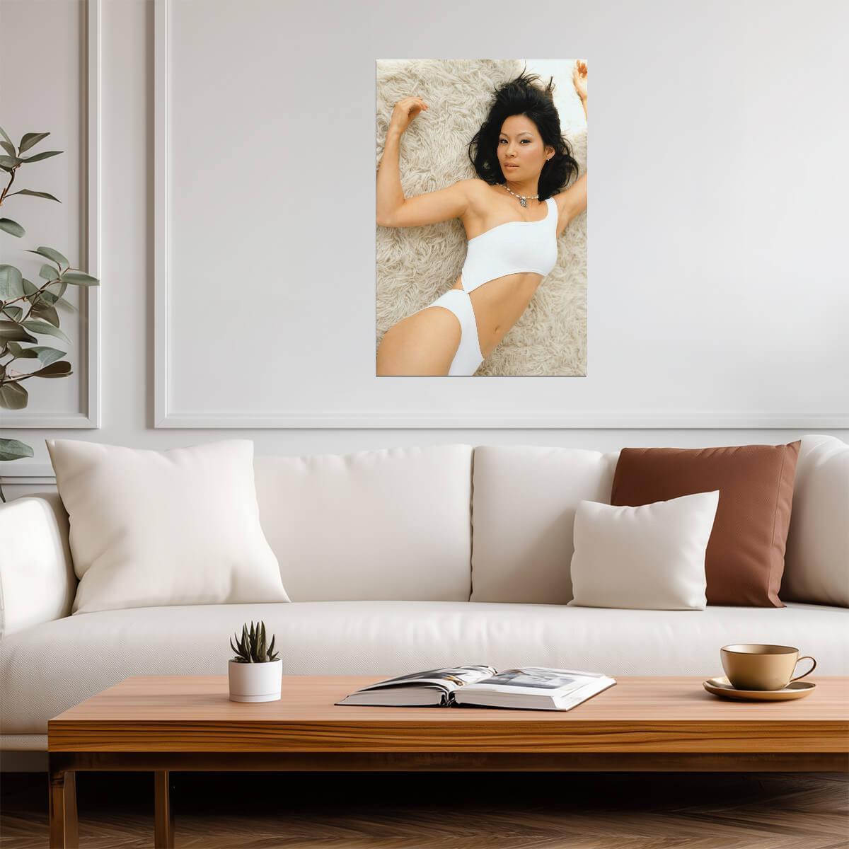 Lucy Liu in White Swimsuit Poster | Lying on Fur Wall Art Print - Celebrities Poster