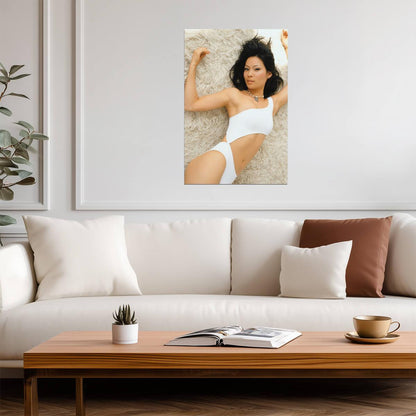 Lucy Liu in White Swimsuit Poster | Lying on Fur Wall Art Print - Celebrities Poster