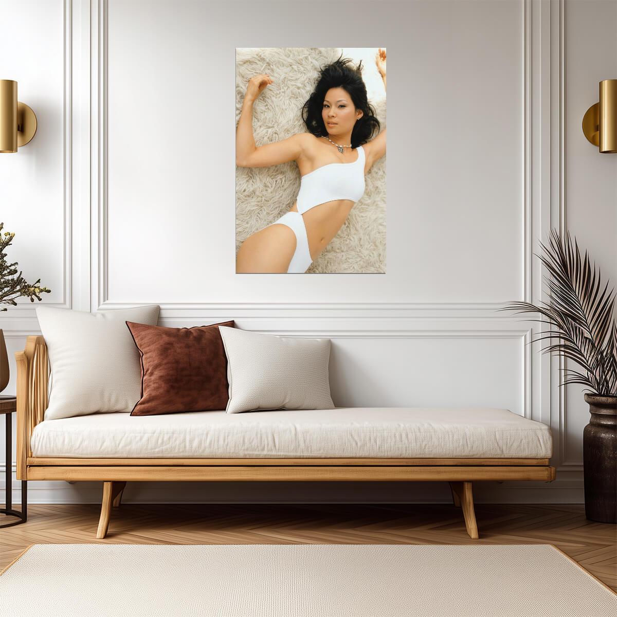Lucy Liu in White Swimsuit Poster | Lying on Fur Wall Art Print - Celebrities Poster