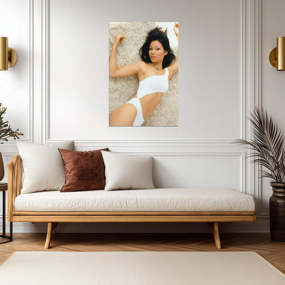 Lucy Liu in White Swimsuit Poster | Lying on Fur Wall Art Print - Celebrities Poster