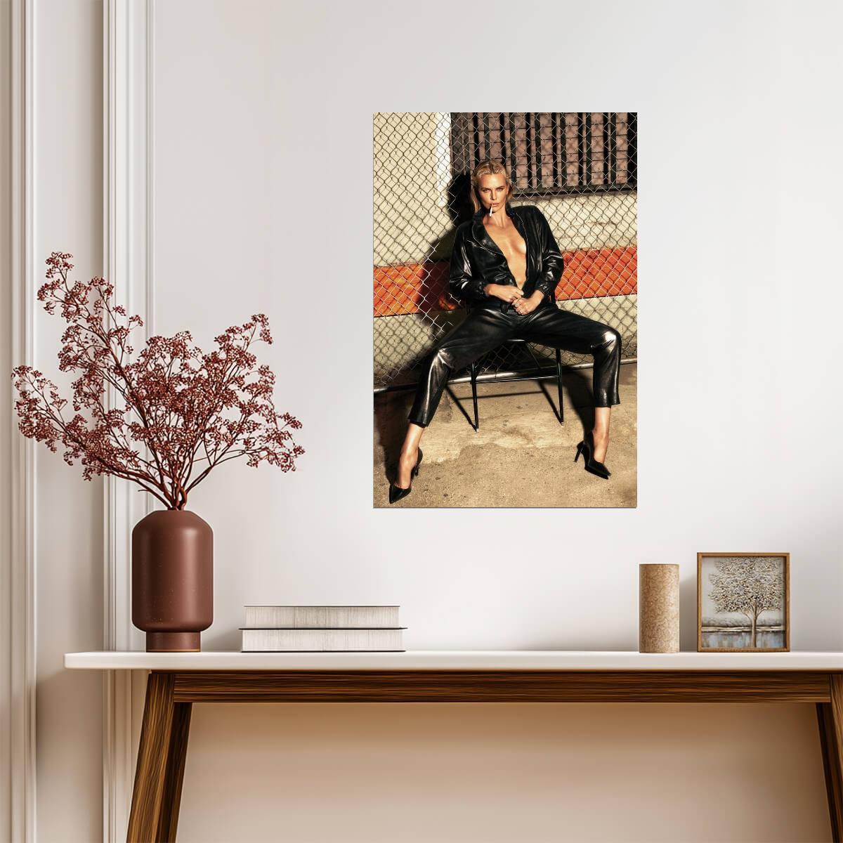 Charlize Theron in Leather Outfit Poster | Smoking Sexy Actress Print - Celebrities Poster