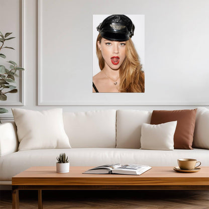 Amber Heard Red Lips Poster | Black Cap Wall Art Print - Celebrities Poster