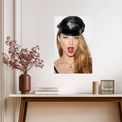 Amber Heard Red Lips Poster | Black Cap Wall Art Print - Celebrities Poster