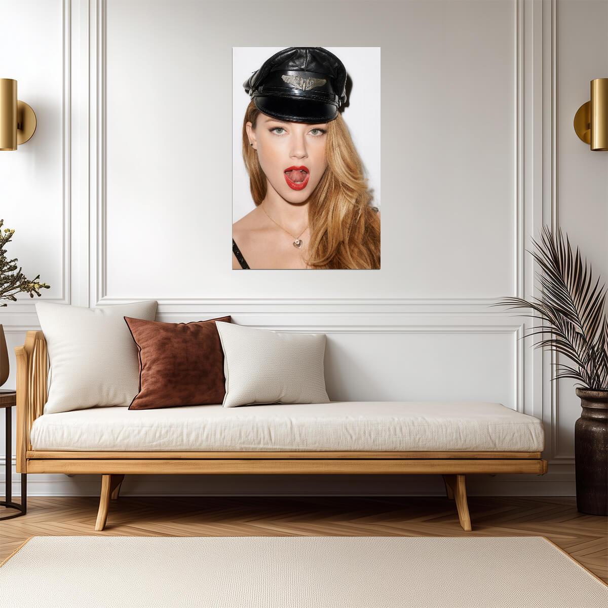 Amber Heard Red Lips Poster | Black Cap Wall Art Print - Celebrities Poster