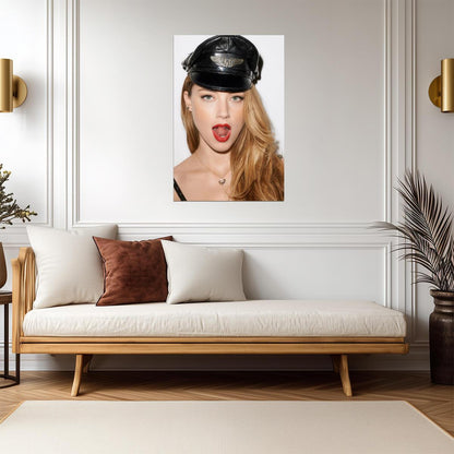 Amber Heard Red Lips Poster | Black Cap Wall Art Print - Celebrities Poster