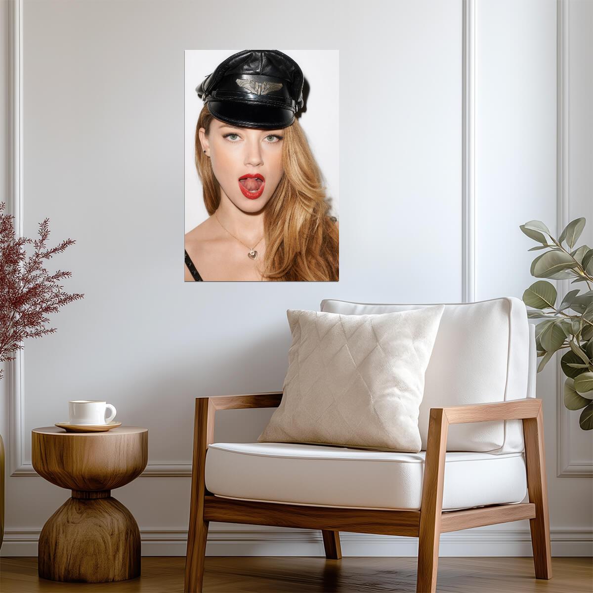 Amber Heard Red Lips Poster | Black Cap Wall Art Print - Celebrities Poster