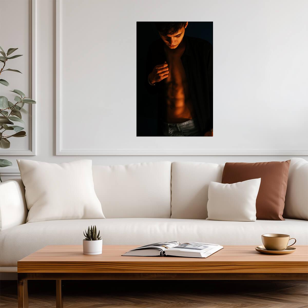 Male Model Poster | Sexy Portrait in an Open Black Shirt - Photography Poster