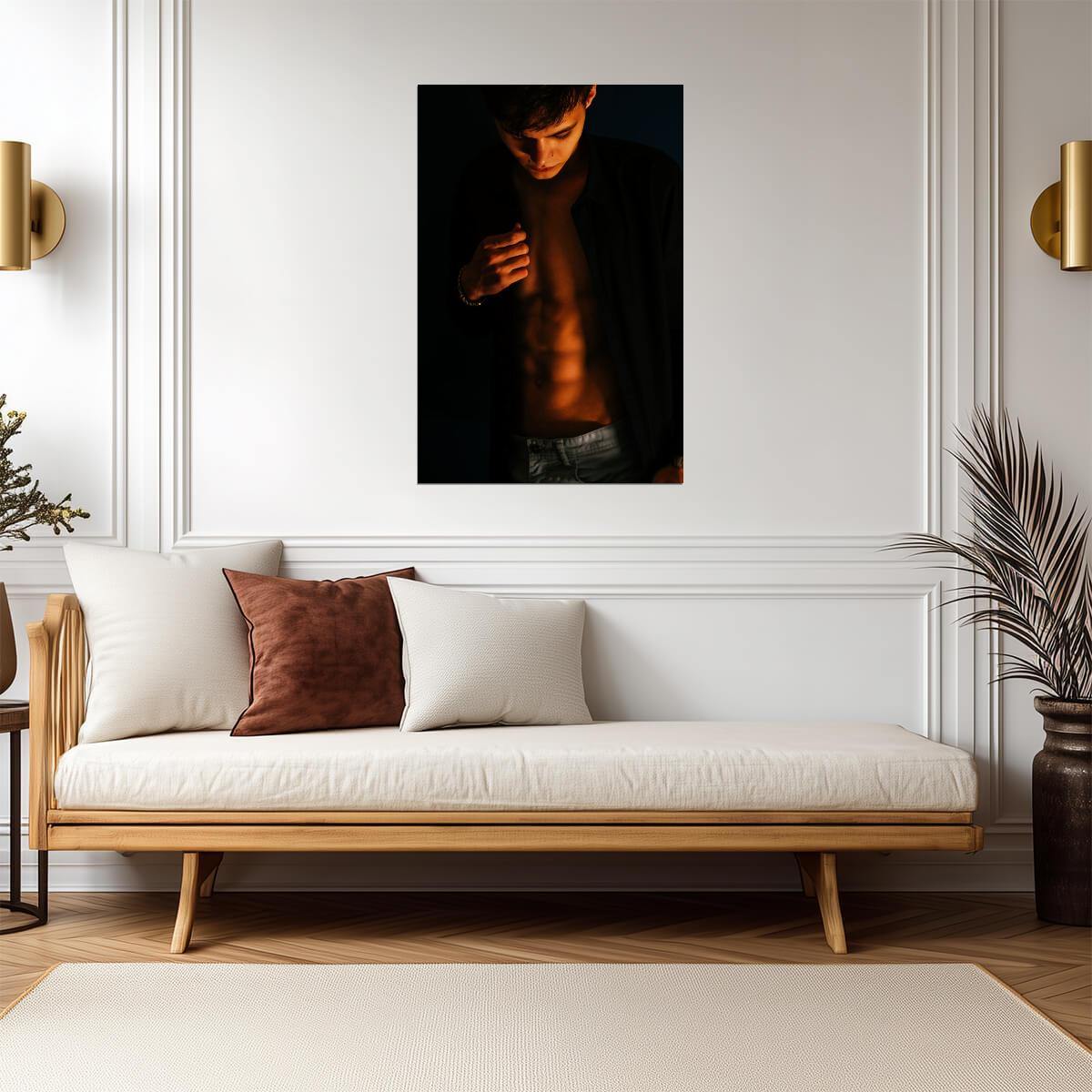 Male Model Poster | Sexy Portrait in an Open Black Shirt - Photography Poster