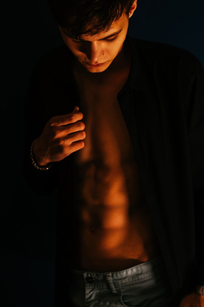 Male Model Poster | Sexy Portrait in an Open Black Shirt - Photography Poster