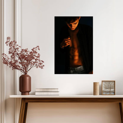 Male Model Poster | Sexy Portrait in an Open Black Shirt - Photography Poster