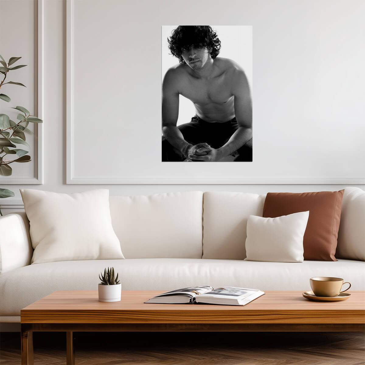 Curly Haired Male Model Poster | Sensual Black and White Portrait - Photography Poster