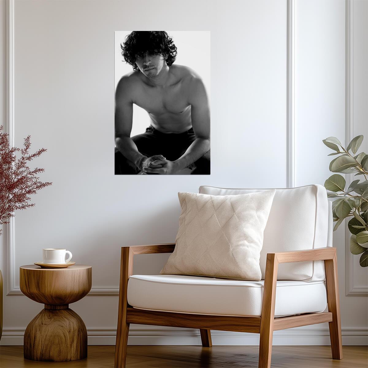 Curly Haired Male Model Poster | Sensual Black and White Portrait - Photography Poster