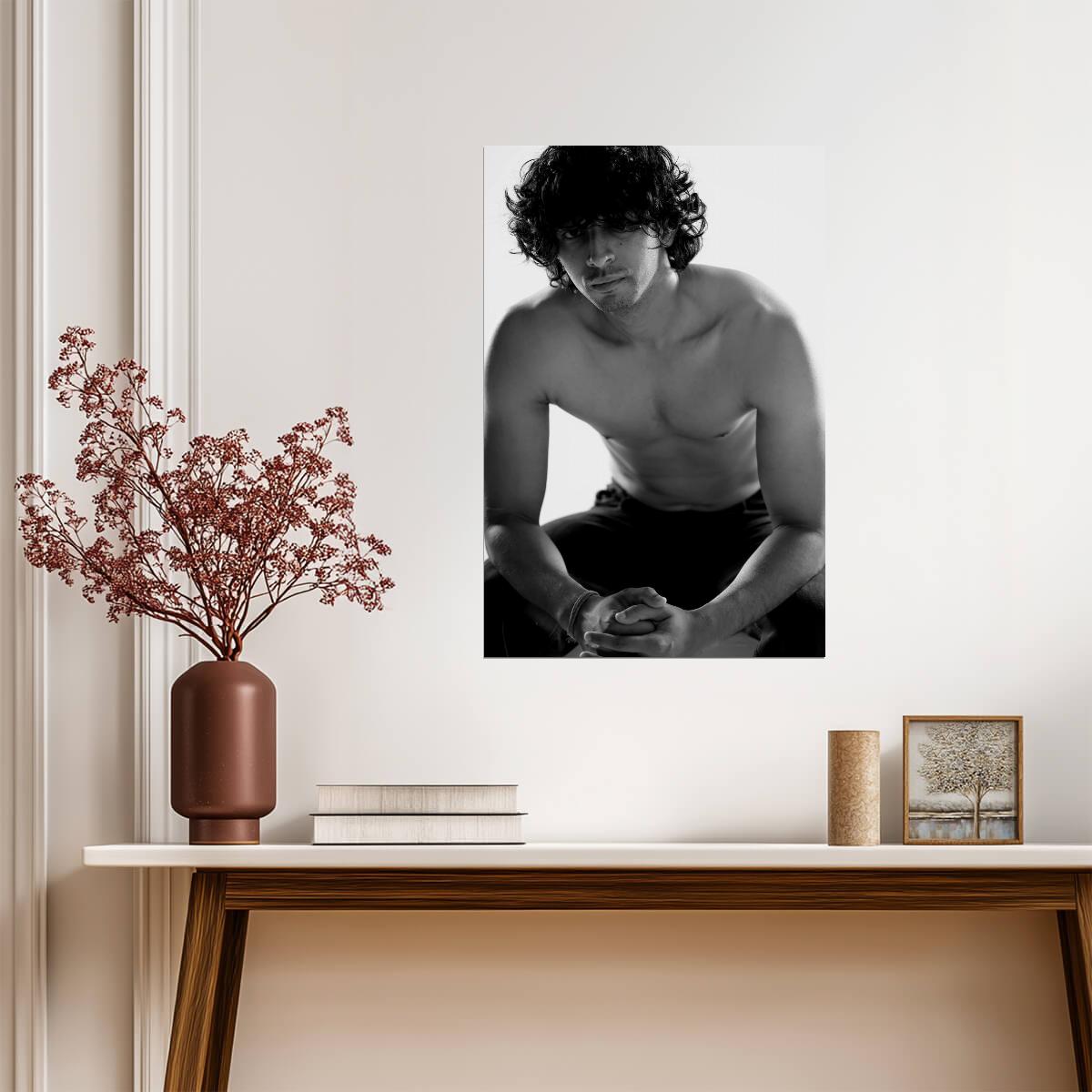 Curly Haired Male Model Poster | Sensual Black and White Portrait - Photography Poster