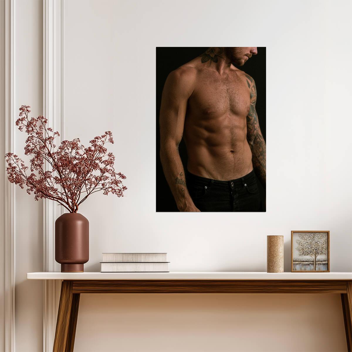 Tattooed Male Torso Poster | Warm Light Photo Portrait - Photography Poster
