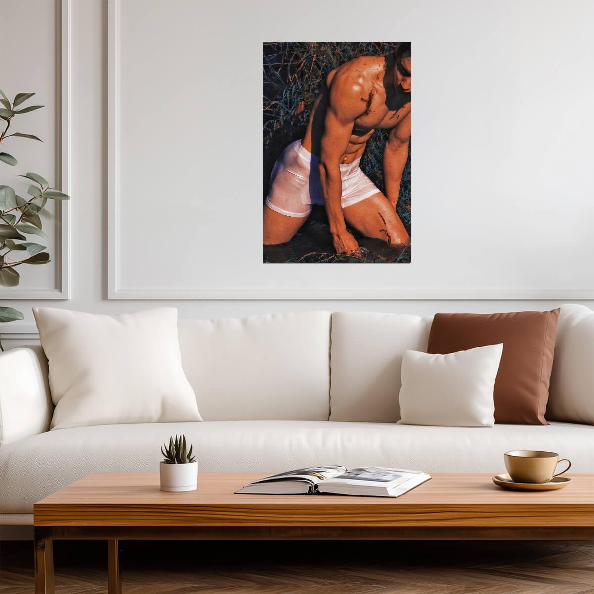 Male Model in Wet White Boxers Poster | Sunlit Waterside Portrait - Photography Poster