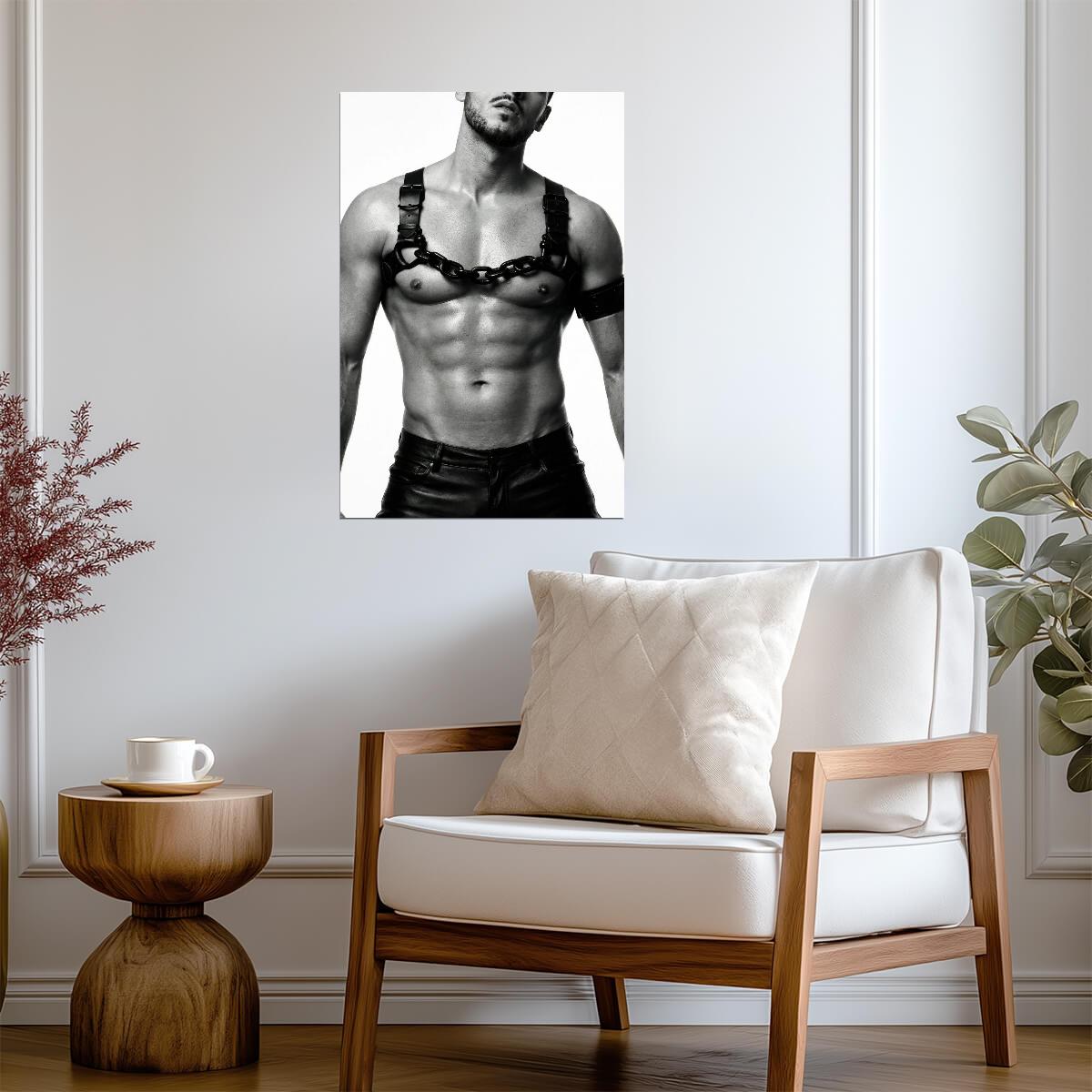 Male Model in a Leather Harness Poster | Black and White Portrait - Photography Poster