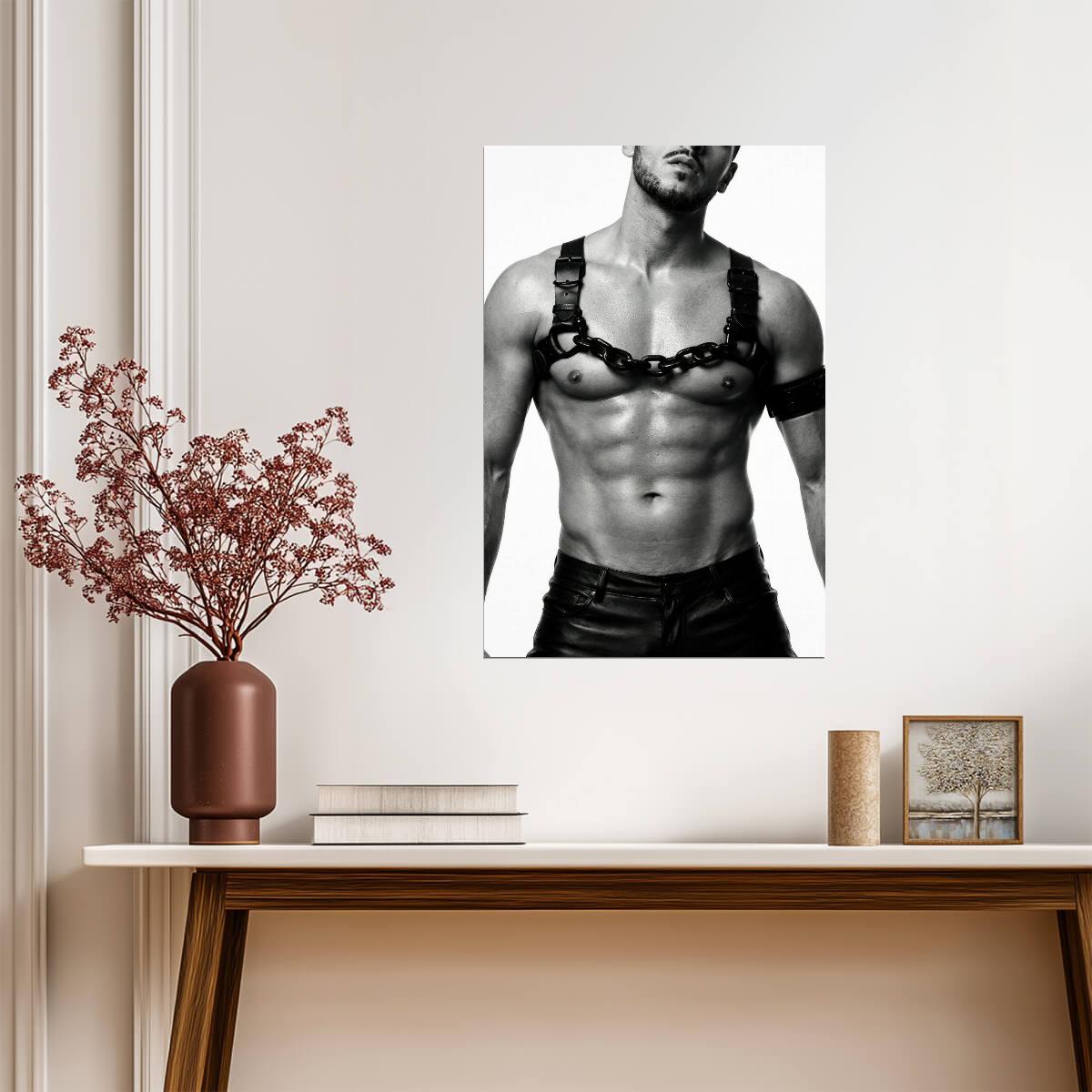 Male Model in a Leather Harness Poster | Black and White Portrait - Photography Poster