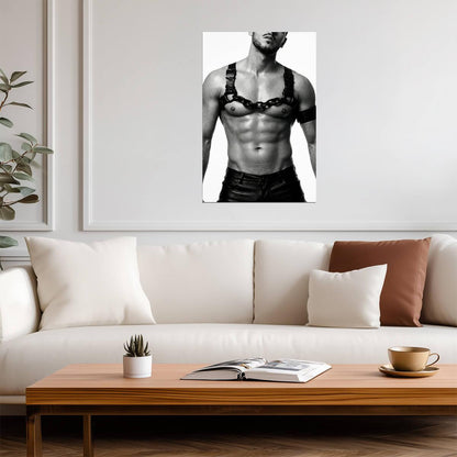Male Model in a Leather Harness Poster | Black and White Portrait - Photography Poster