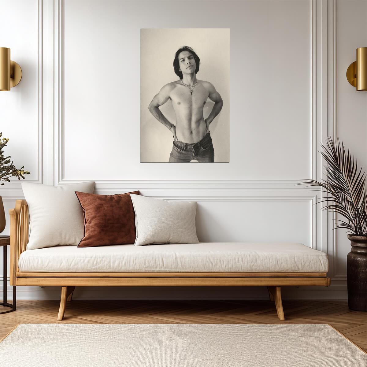 Long Haired Male Model Poster | Sensual Sepia Portrait - Photography Poster