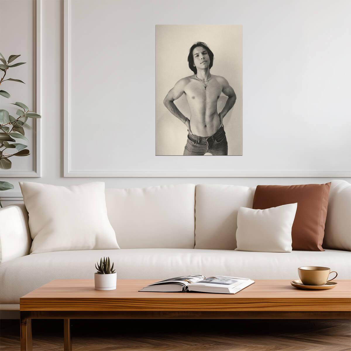 Long Haired Male Model Poster | Sensual Sepia Portrait - Photography Poster