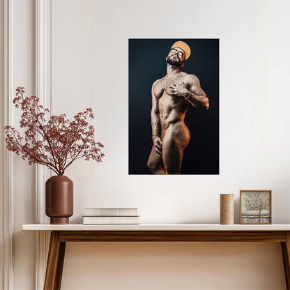 Male Nude Pin-Up Poster | Playful Portrait in an Orange Cap - Photography Poster