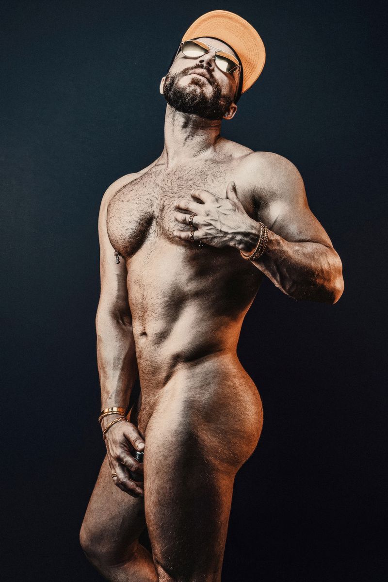 Male Nude Pin-Up Poster | Playful Portrait in an Orange Cap - Photography Poster