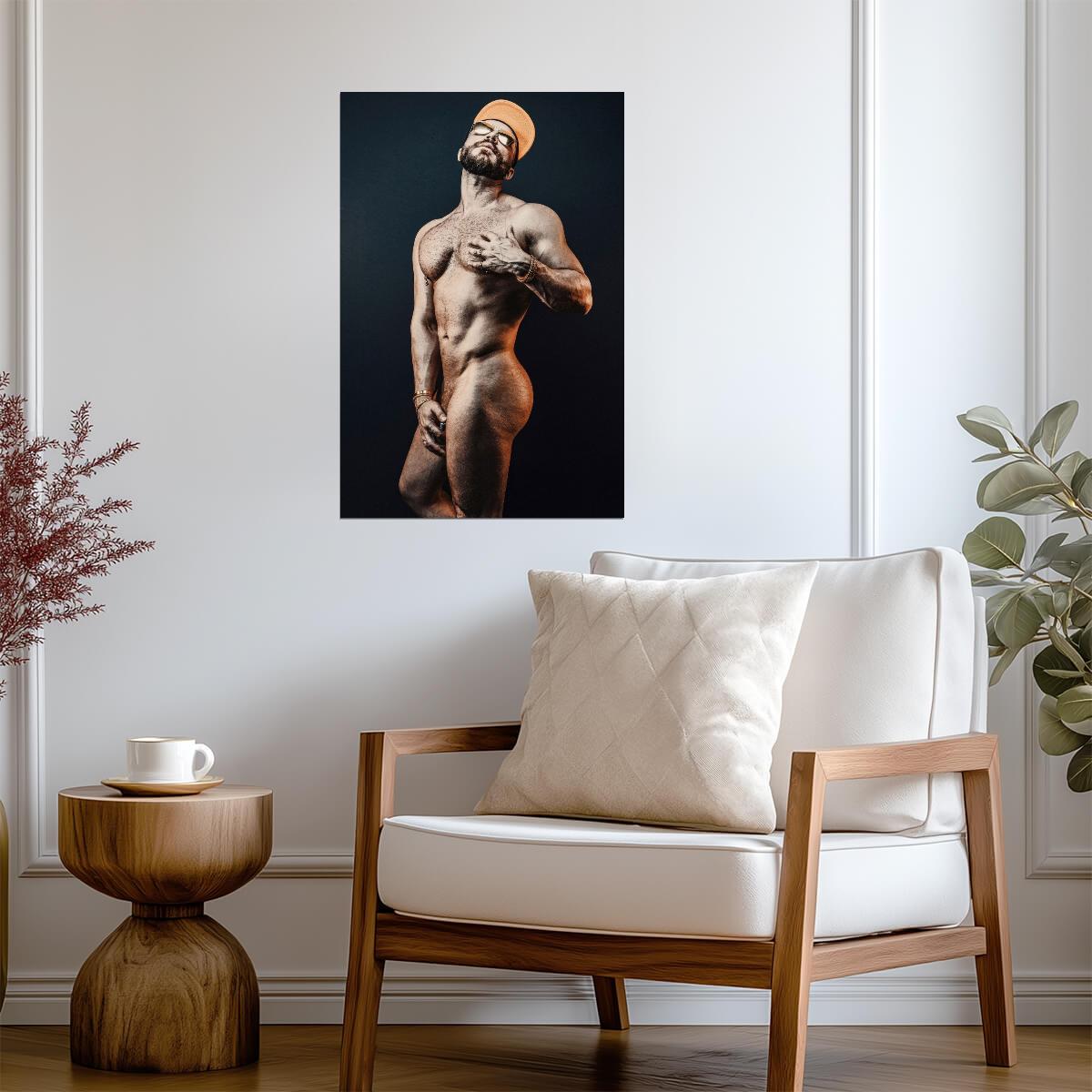 Male Nude Pin-Up Poster | Playful Portrait in an Orange Cap - Photography Poster