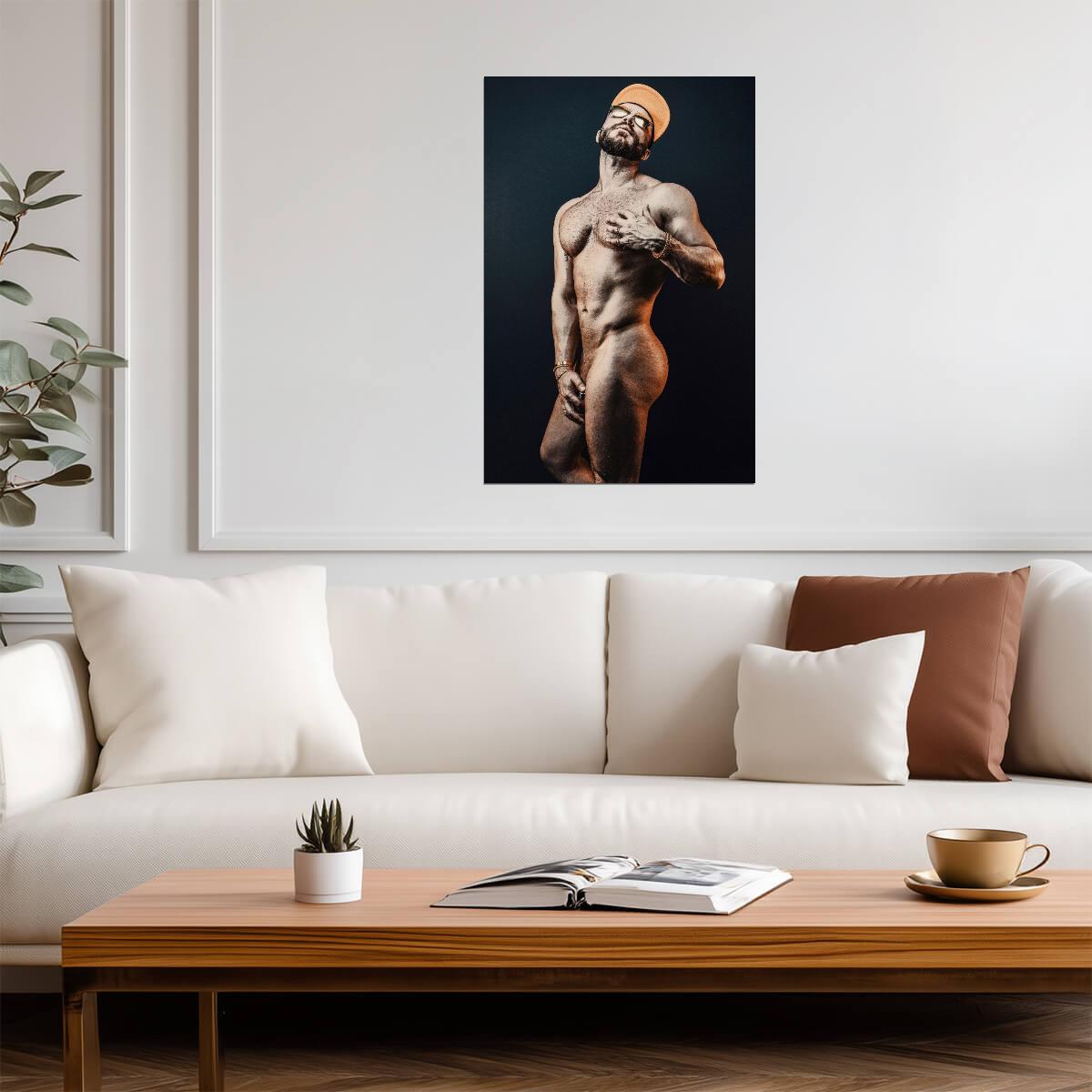 Male Nude Pin-Up Poster | Playful Portrait in an Orange Cap - Photography Poster