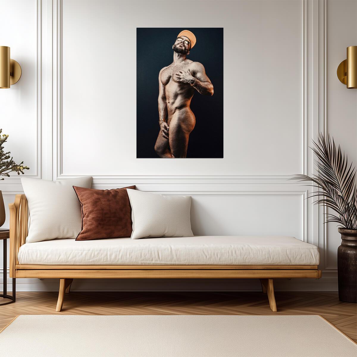 Male Nude Pin-Up Poster | Playful Portrait in an Orange Cap - Photography Poster