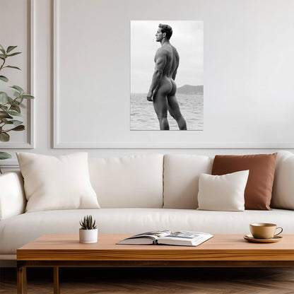 Male Nude Poster | Black and White Seaside Portrait - Photography Poster
