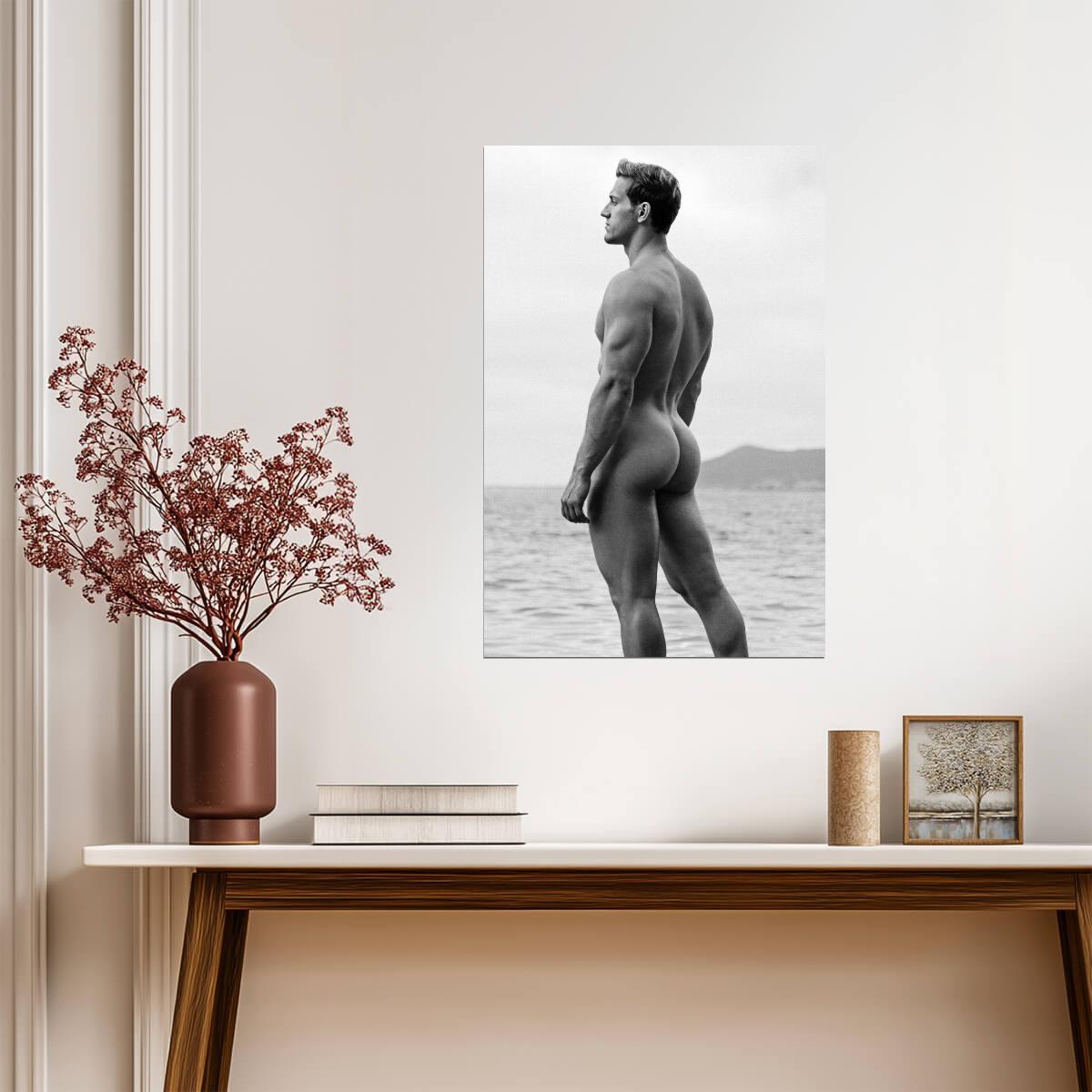 Male Nude Poster | Black and White Seaside Portrait - Photography Poster