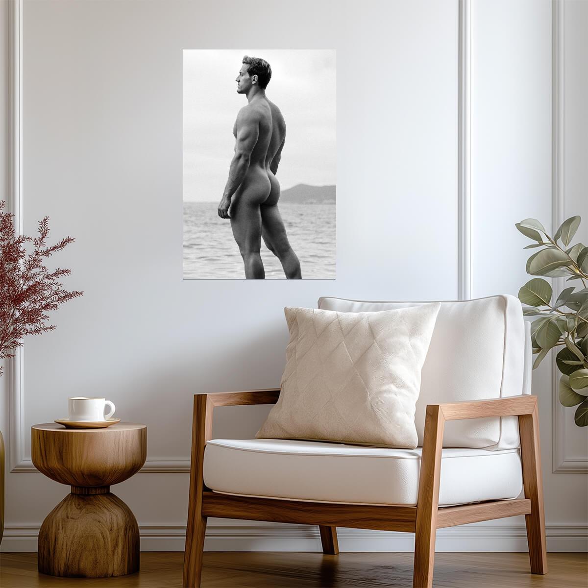 Male Nude Poster | Black and White Seaside Portrait - Photography Poster