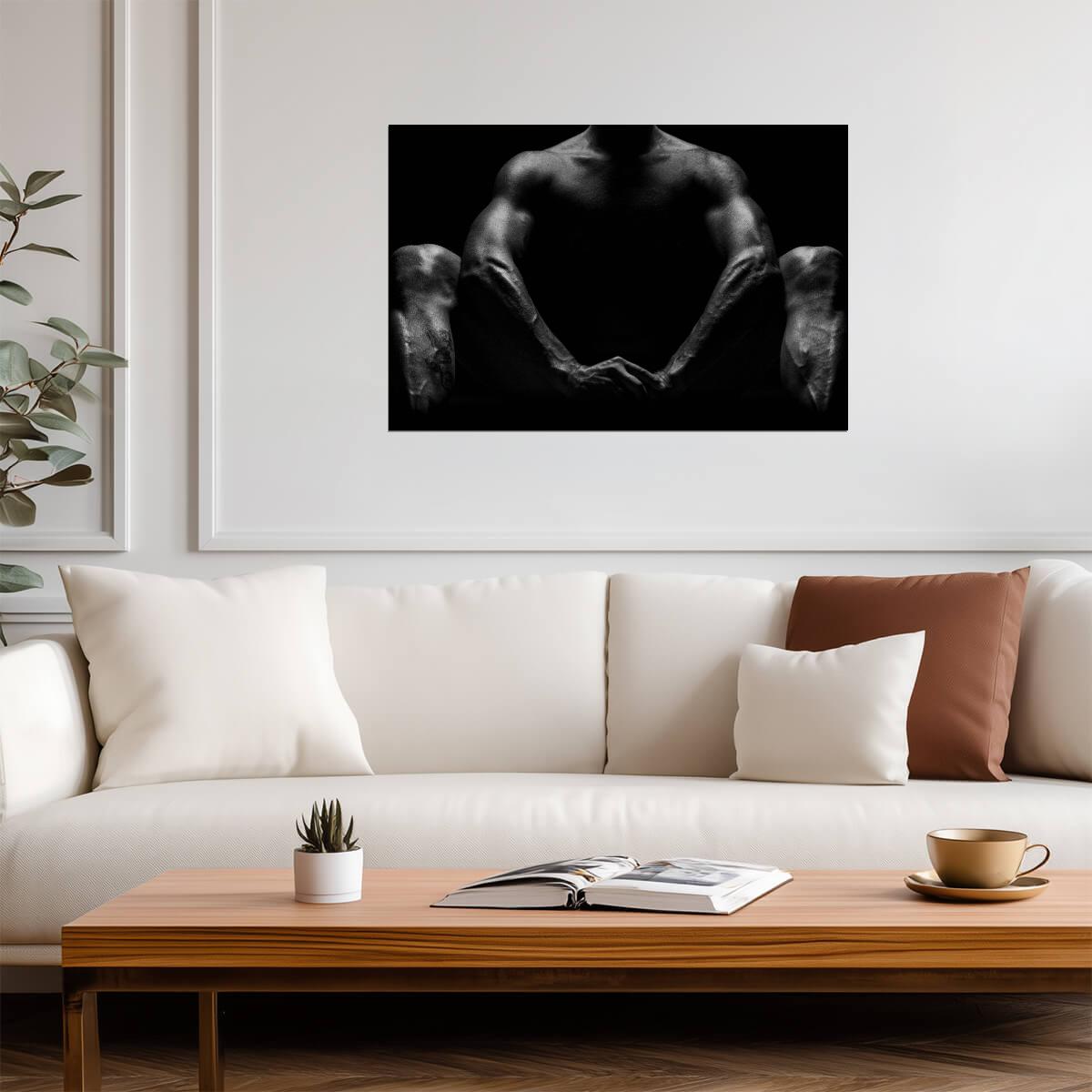 Seated Male Nude Poster | Black and White Shadow Study - Photography Poster