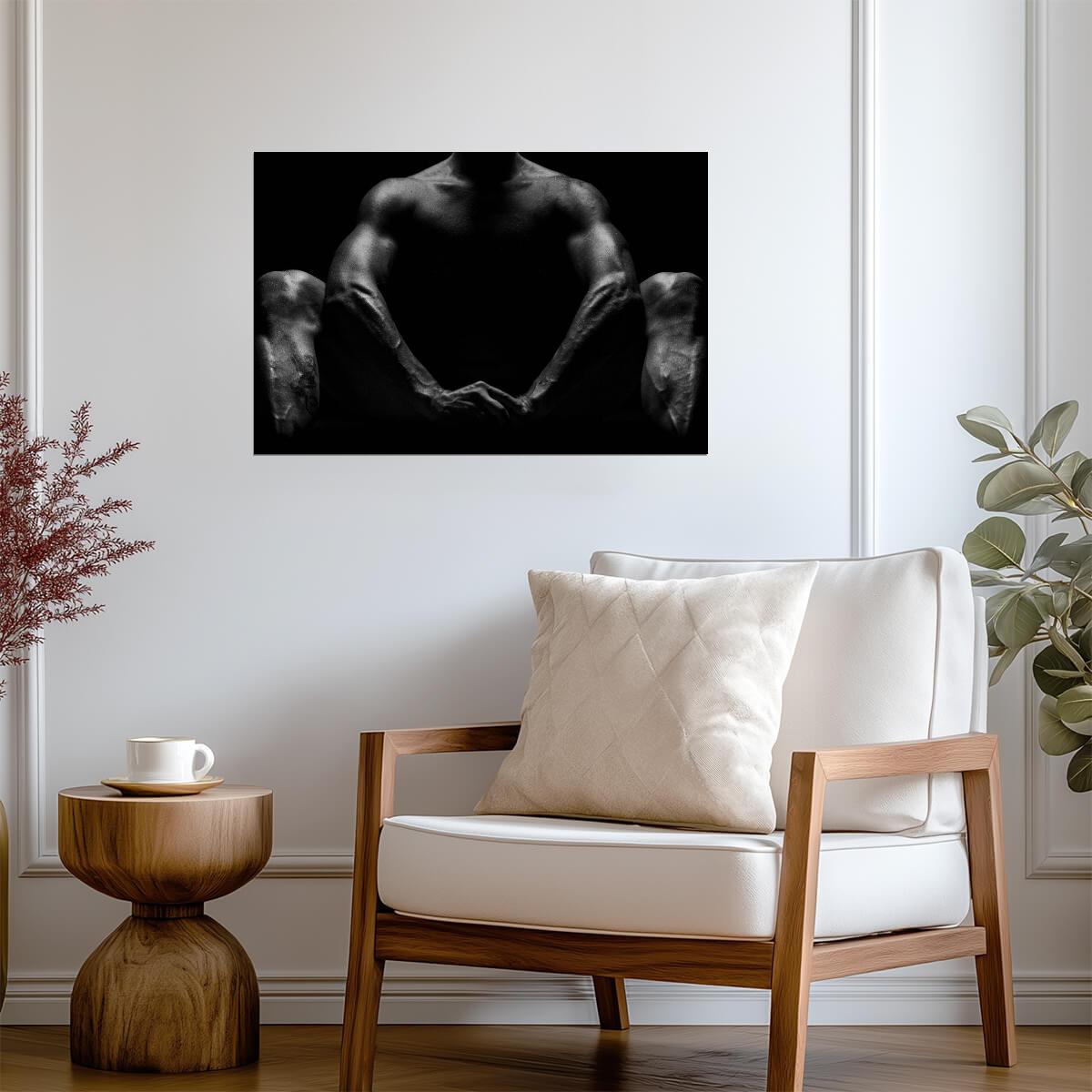 Seated Male Nude Poster | Black and White Shadow Study - Photography Poster
