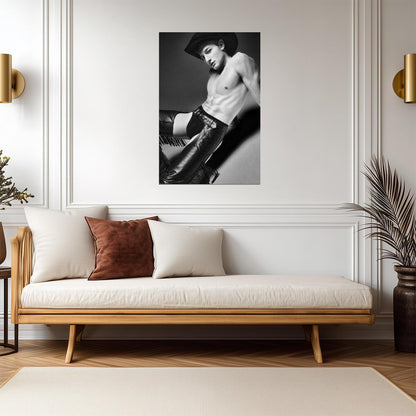 Cowboy Pin-Up Poster | Sexy Black and White Portrait in Leather - Photography Poster