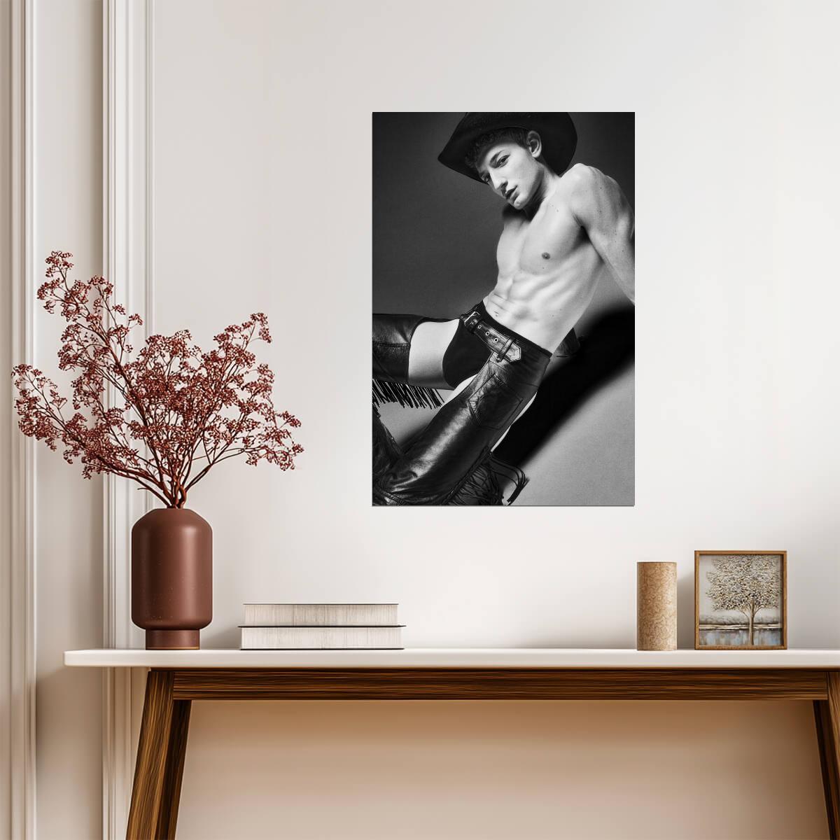 Cowboy Pin-Up Poster | Sexy Black and White Portrait in Leather - Photography Poster