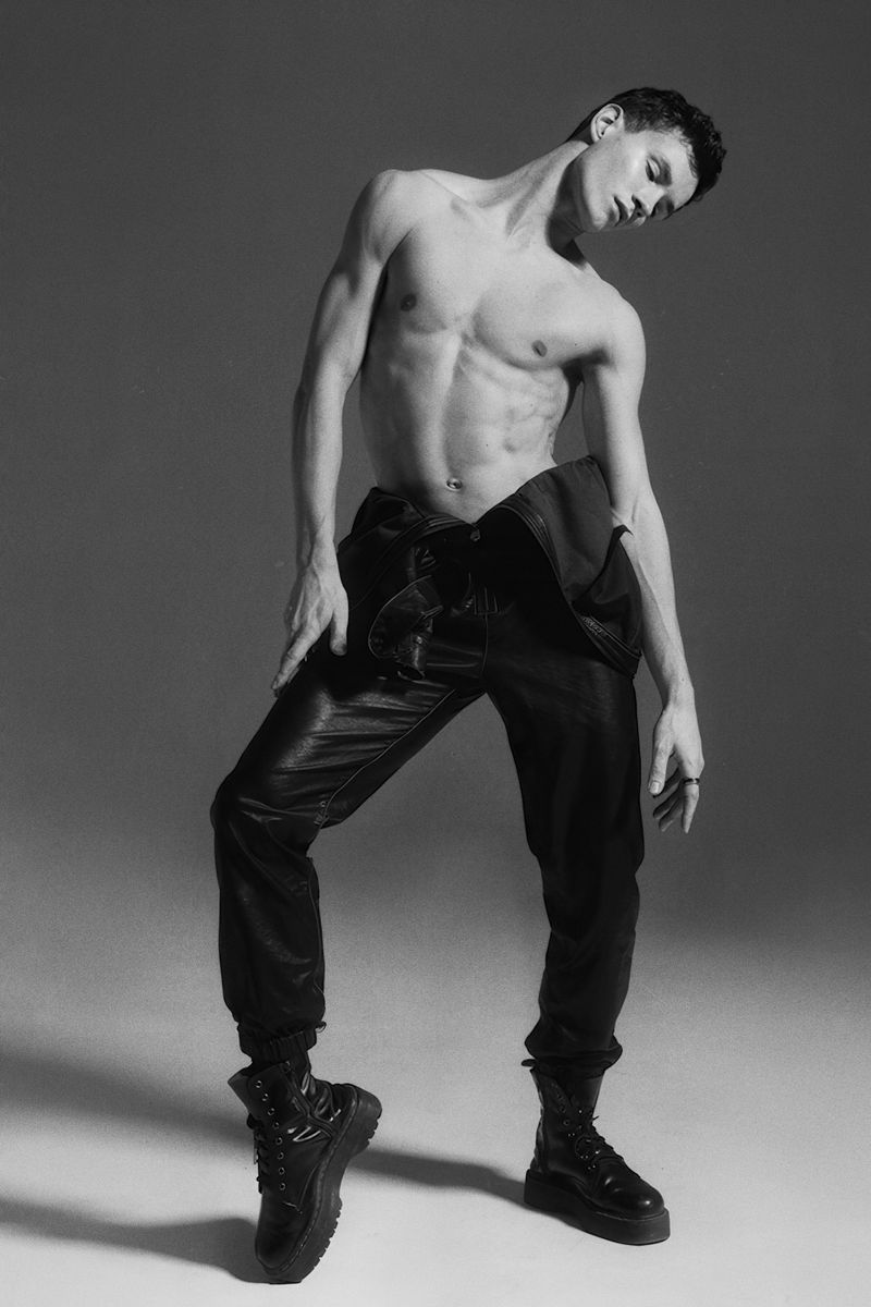 Male Model in Leather Pants Poster | Black and White Fashion Photo - Photography Poster