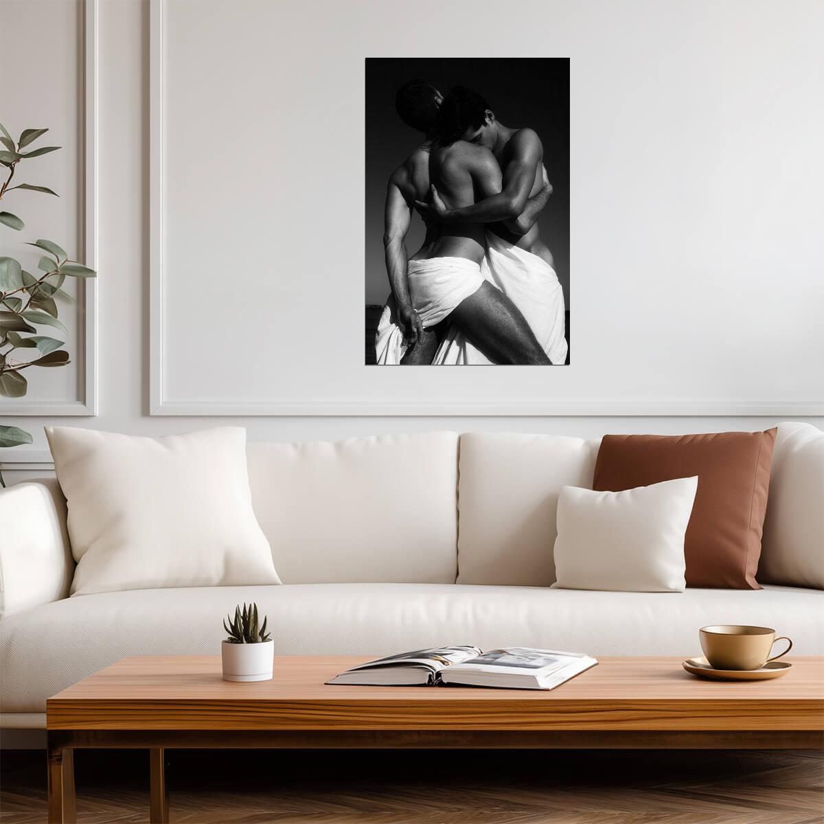 Male Lovers in White Drapery Poster | Black and White Embrace - Photography Poster