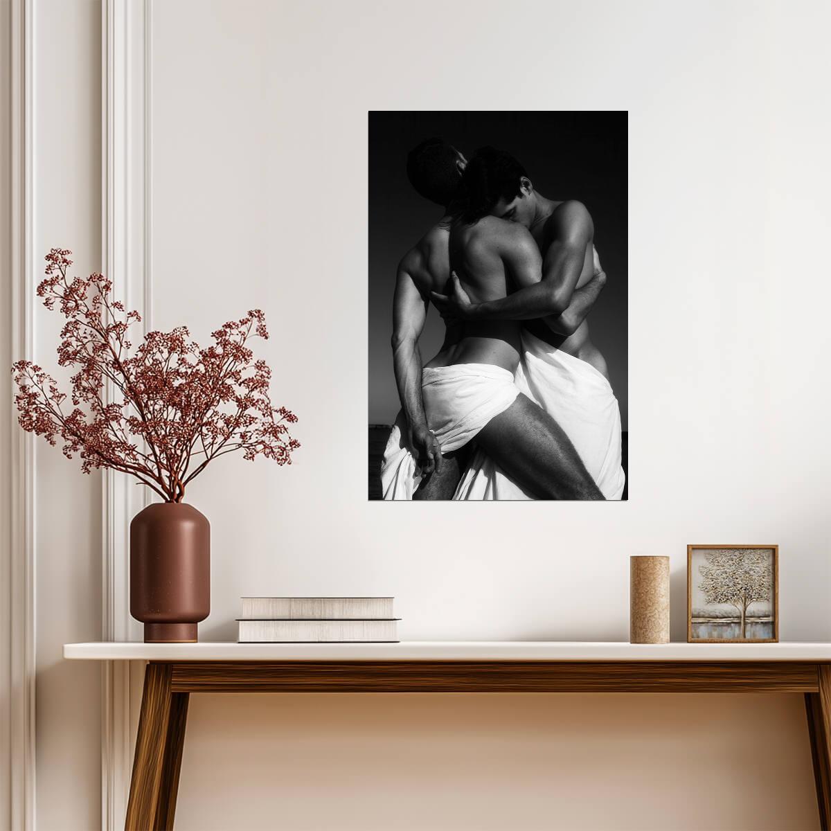 Male Lovers in White Drapery Poster | Black and White Embrace - Photography Poster