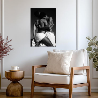 Male Lovers in White Drapery Poster | Black and White Embrace - Photography Poster