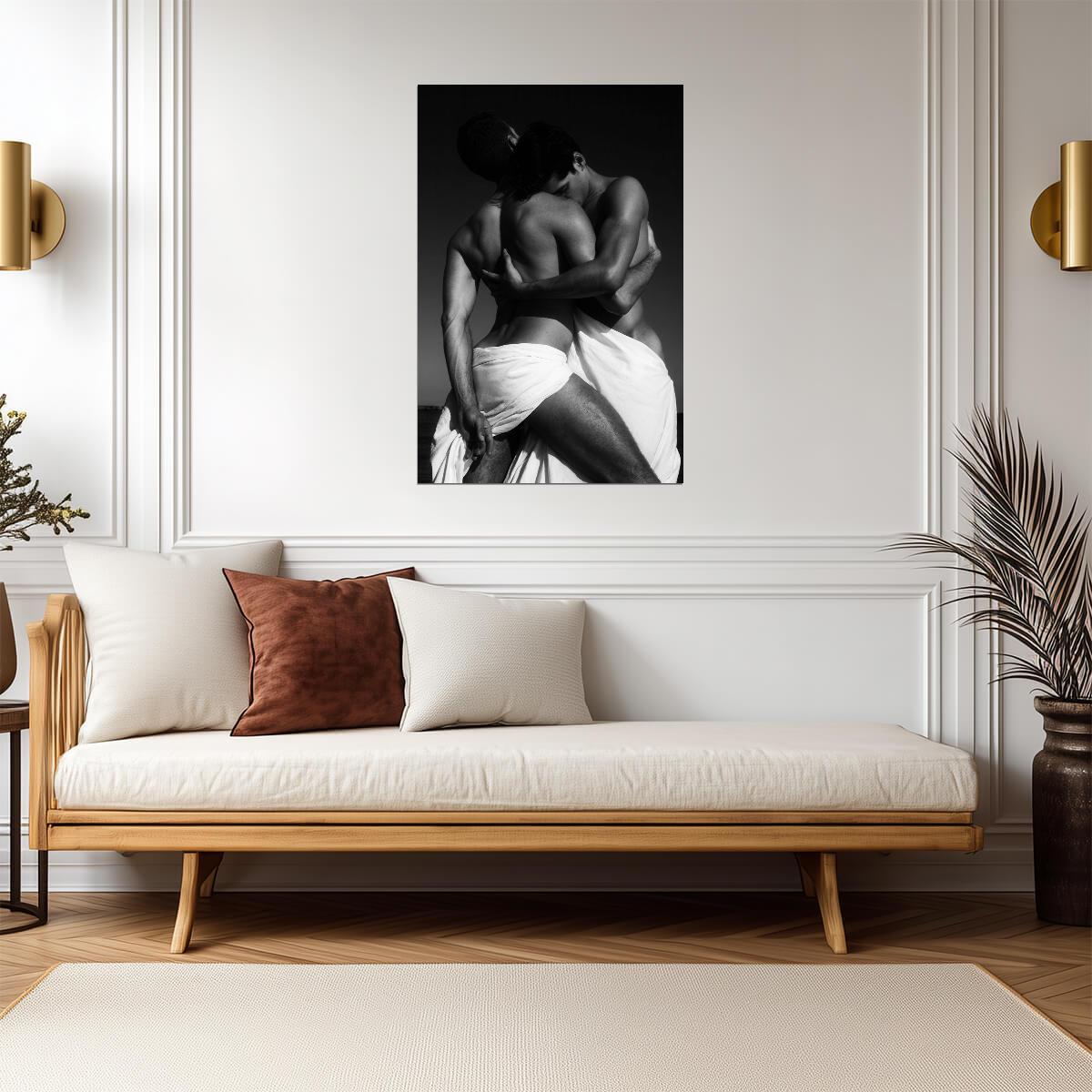 Male Lovers in White Drapery Poster | Black and White Embrace - Photography Poster