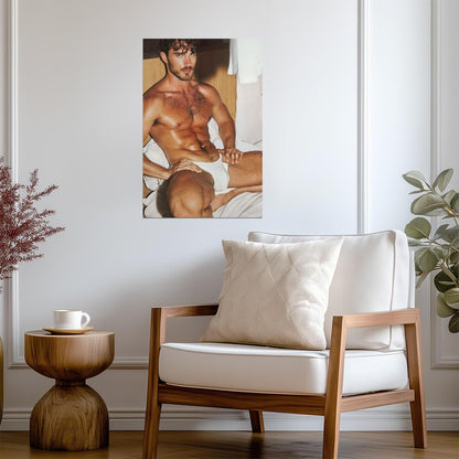 Bearded Male Model in White Briefs Poster | Warm Bedroom Portrait - Photography Poster