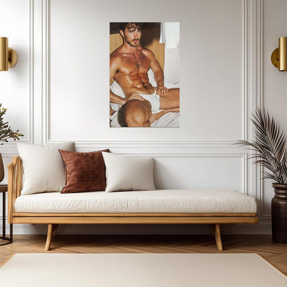 Bearded Male Model in White Briefs Poster | Warm Bedroom Portrait - Photography Poster