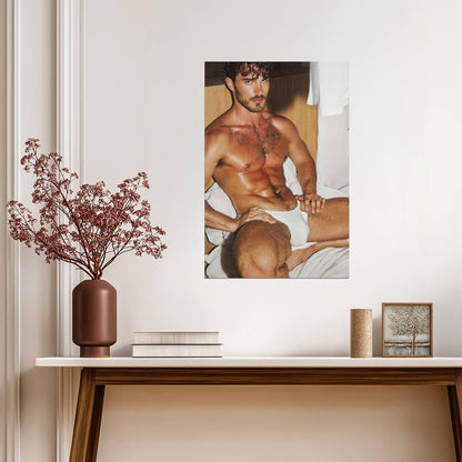 Bearded Male Model in White Briefs Poster | Warm Bedroom Portrait - Photography Poster